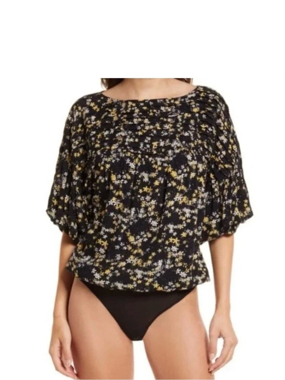 Free People Intimately Dessa Floral Bodysuit Size L Boho Puff Sleeve Peasant Top